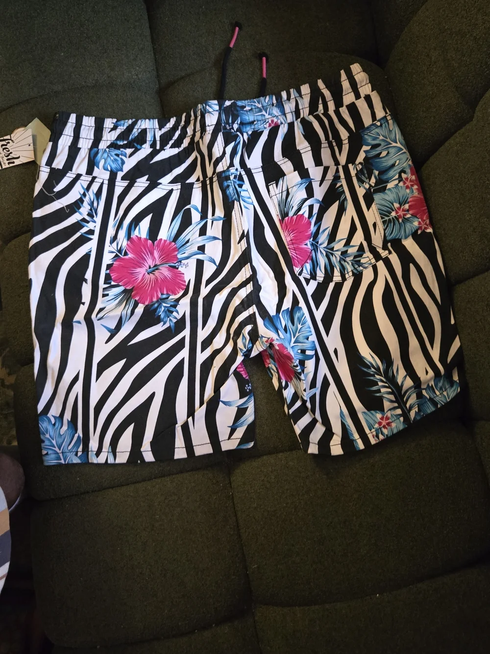 Mens Zebra-Stripe Floral Swim Shorts - Black, White & Pink